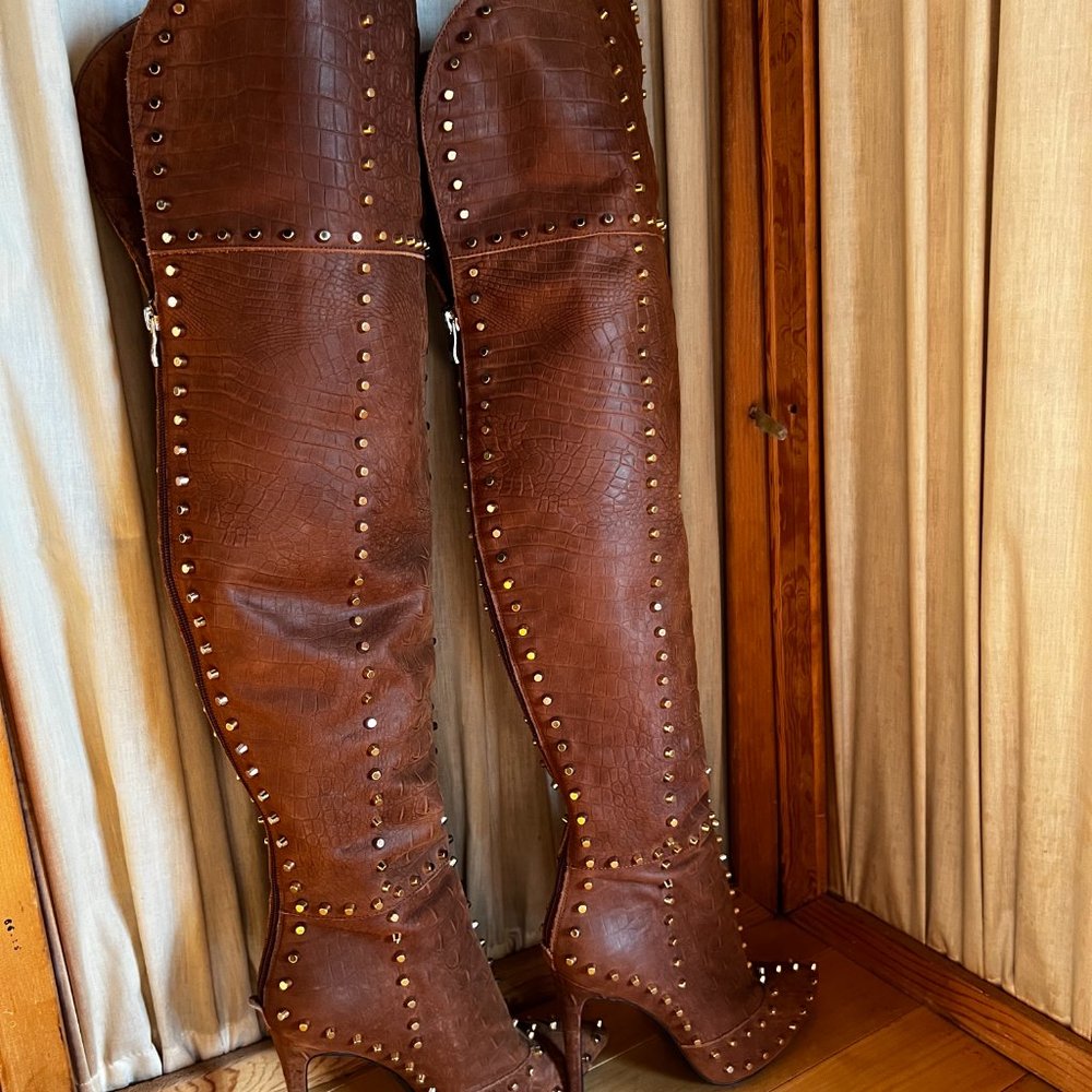 JENNIFER le Thigh High Boots Studden Leather Suede Designer Stilletto Heels - Picture 5 of 9